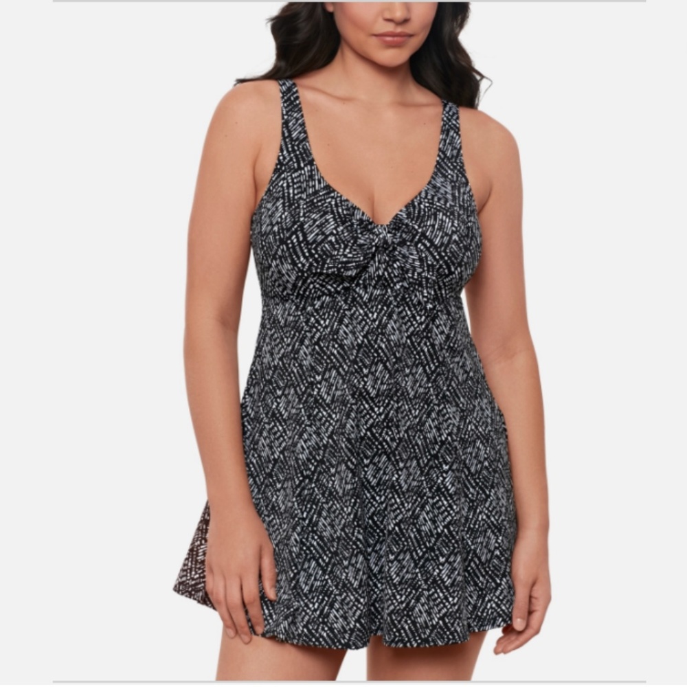 Swim Solutions Womens Abstract Bow Swimdress BlackWhite Size 8 NWT